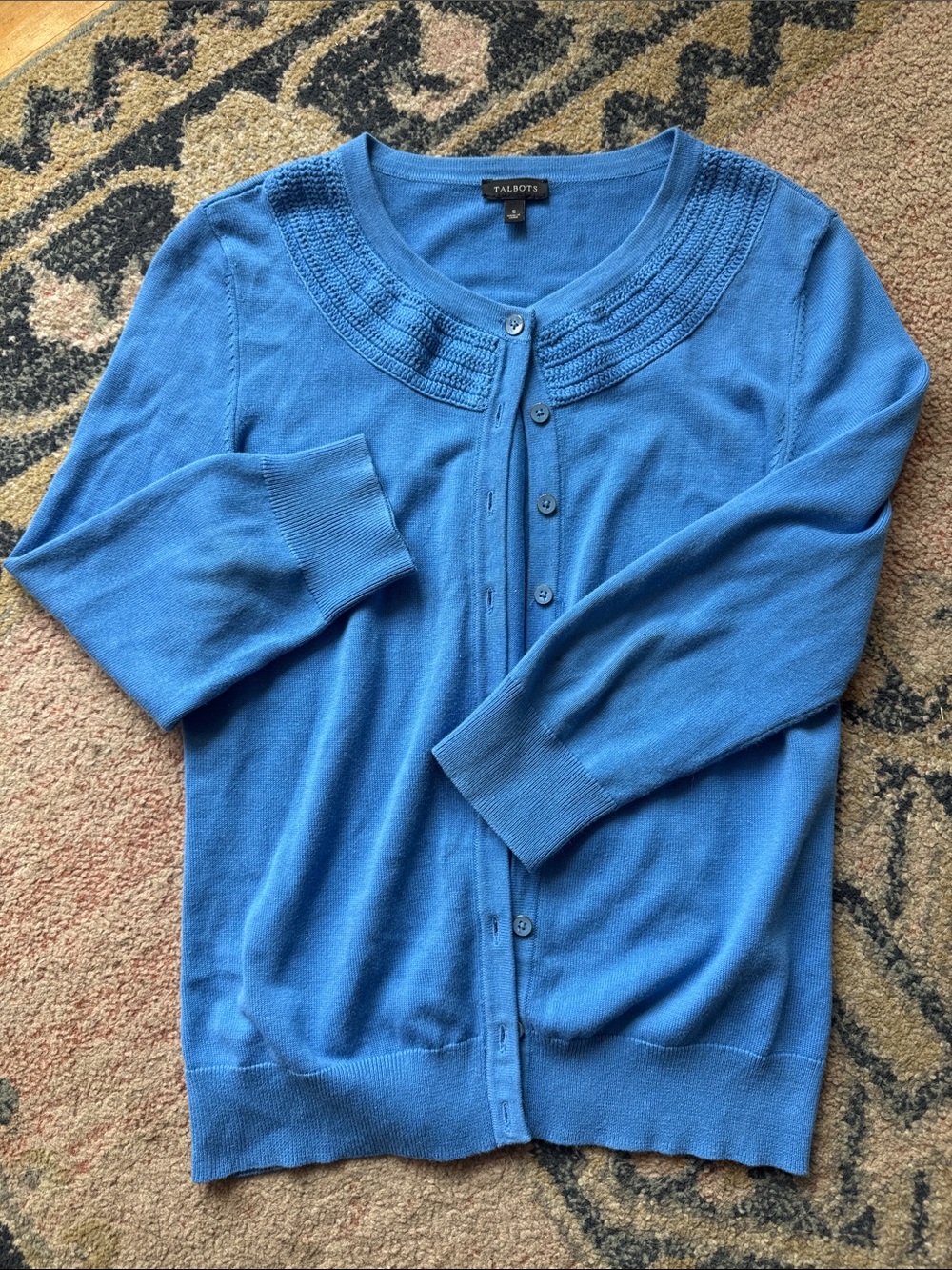 Talbots Cardigan Sweater Women Med Blue Crochet Neck Cotton Button Front